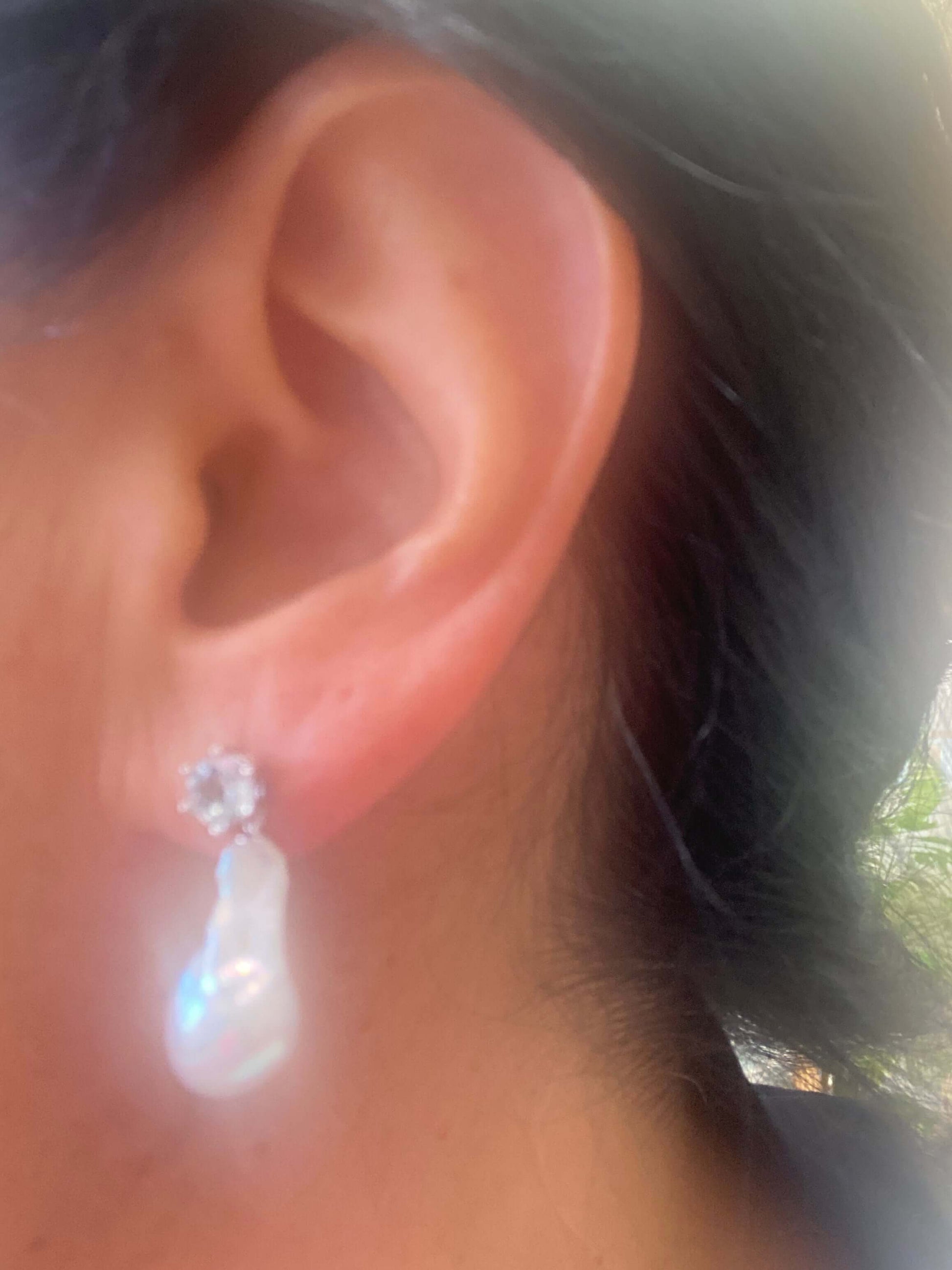 Baroque pearl drop earrings – peridot, amethyst, blue topaz worn on ear with removable white freshwater pearl