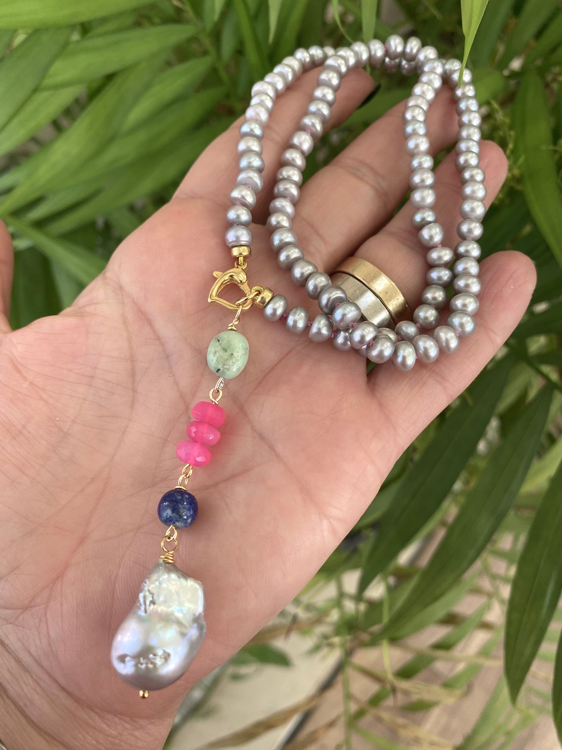 Grey pearl necklace with removable pendant handmade in Canada with natural gemstones