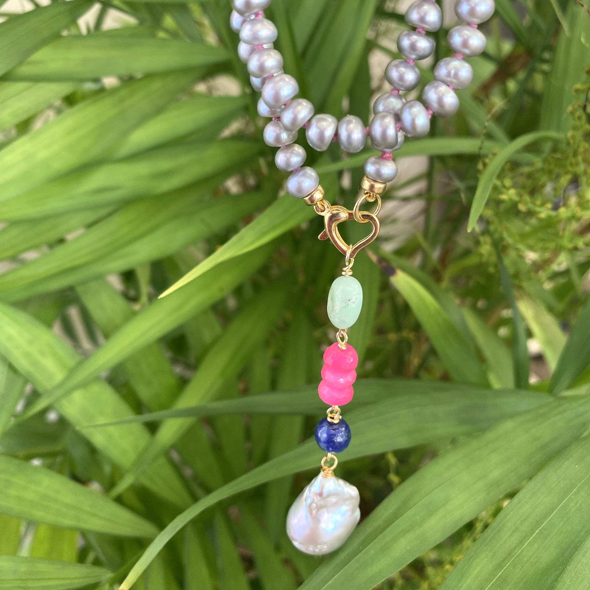 Grey pearl necklace with removable pendant showing baroque pearl with lapis lazuli, chrysoprase, and chalcedony