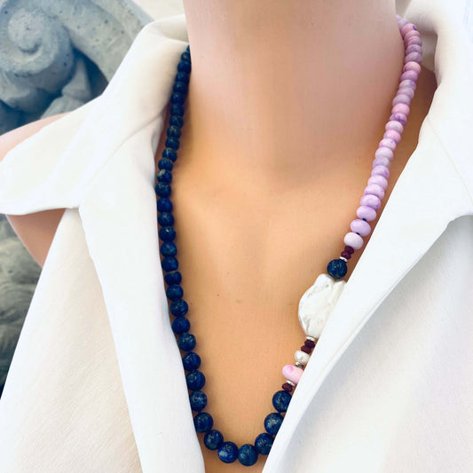 Lapis lazuli and baroque pearl necklace with ruby accents, front view on mannequin, handmade in Canada.