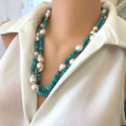 Arizona turquoise pearl necklace showcasing handcrafted design with turquoise rondelle beads and white pearls.