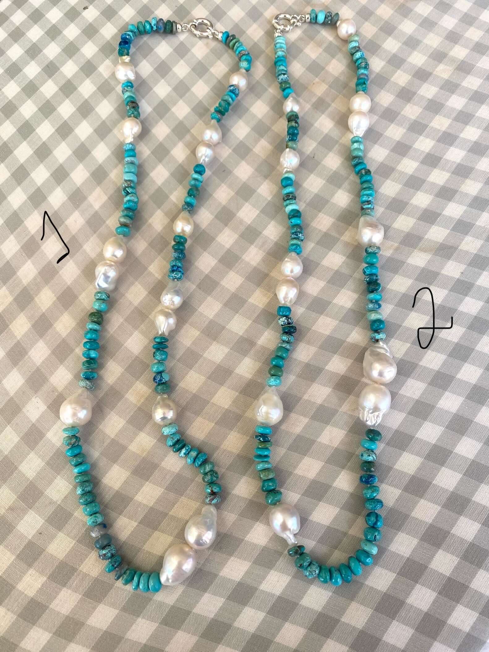 Arizona turquoise pearl necklace showcasing handcrafted baroque design with turquoise rondelle beads and pearls.