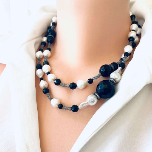 Handcrafted Labradorite Onyx Pearl Long Necklace showcasing a blend of gemstones on a mannequin.