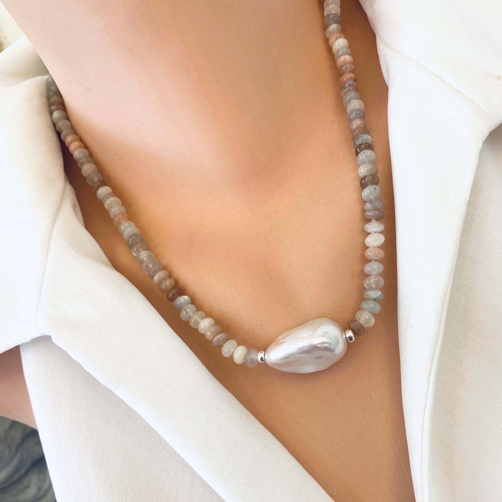 Moonstone and Baroque Pearl Necklace featuring mixed moonstone rondelles and a large baroque pearl, handcrafted design.