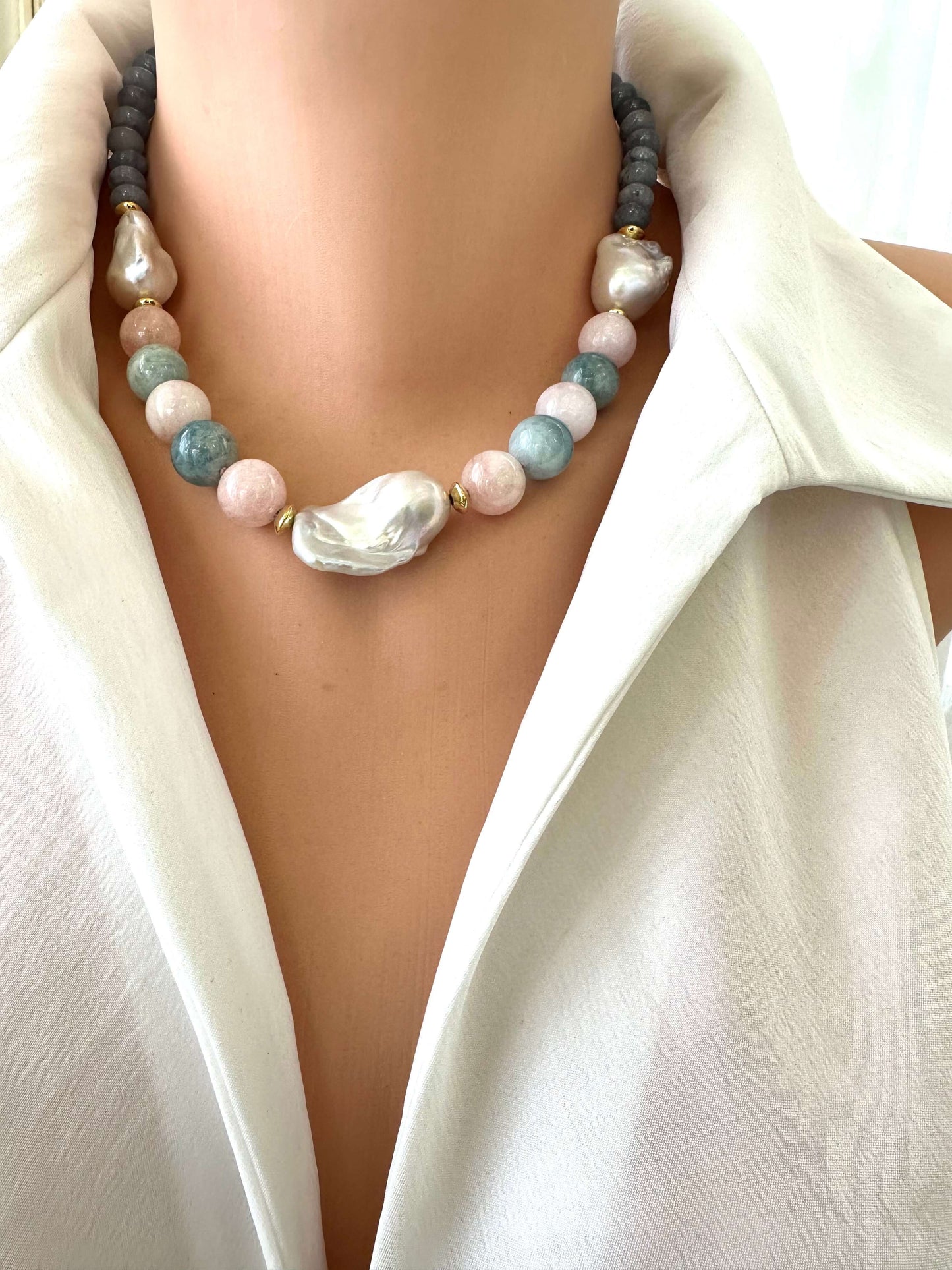 Blue Jade Morganite Aquamarine Pearl Necklace showcasing baroque gemstone design with silk details.
