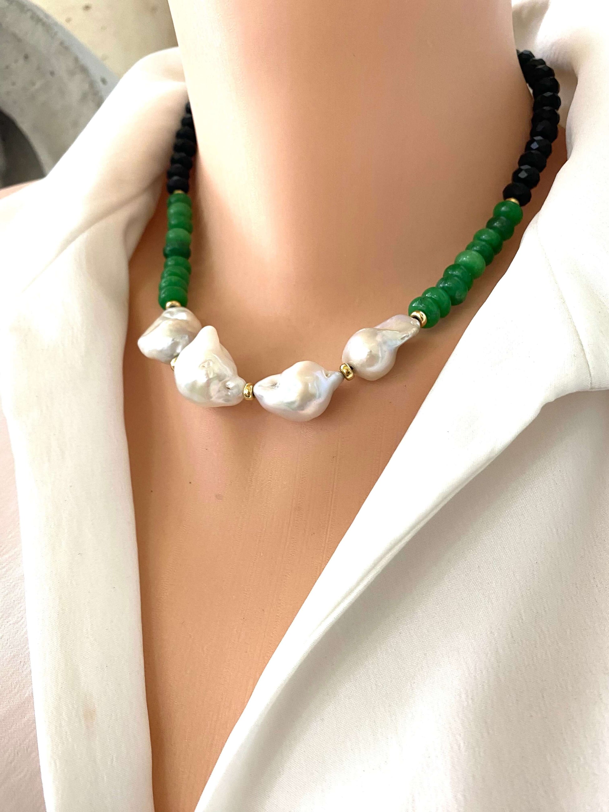 Short Green Jade & Black Tourmaline Pearl Necklace featuring vibrant jade, black tourmaline, and luminous pearls.