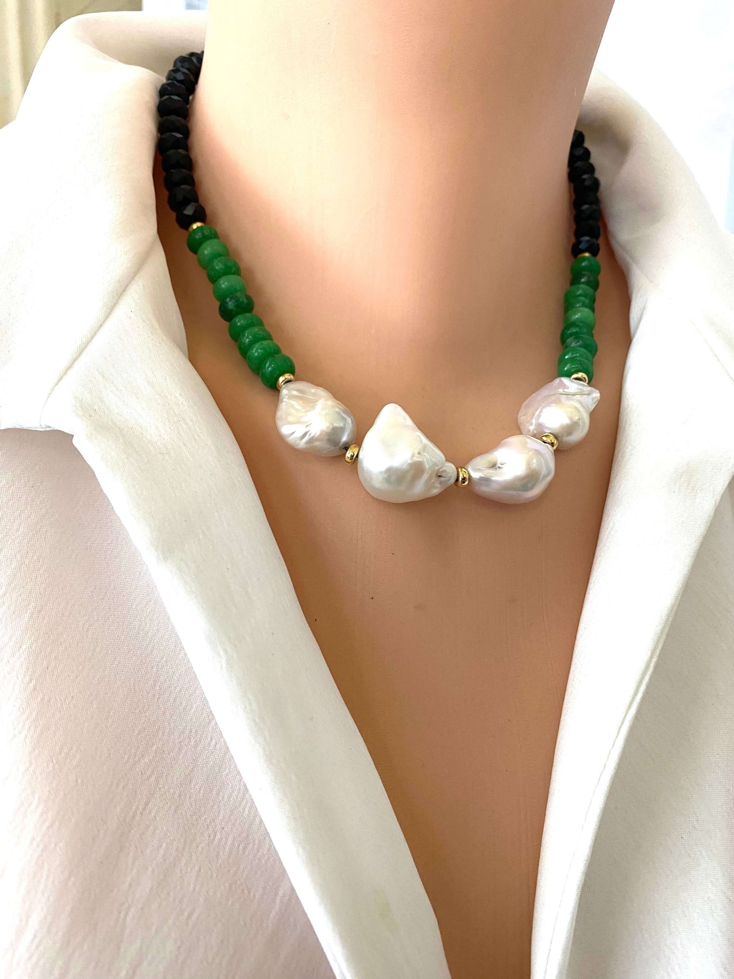 Short green jade black tourmaline pearl necklace featuring vibrant jade beads and luminous white baroque pearls.