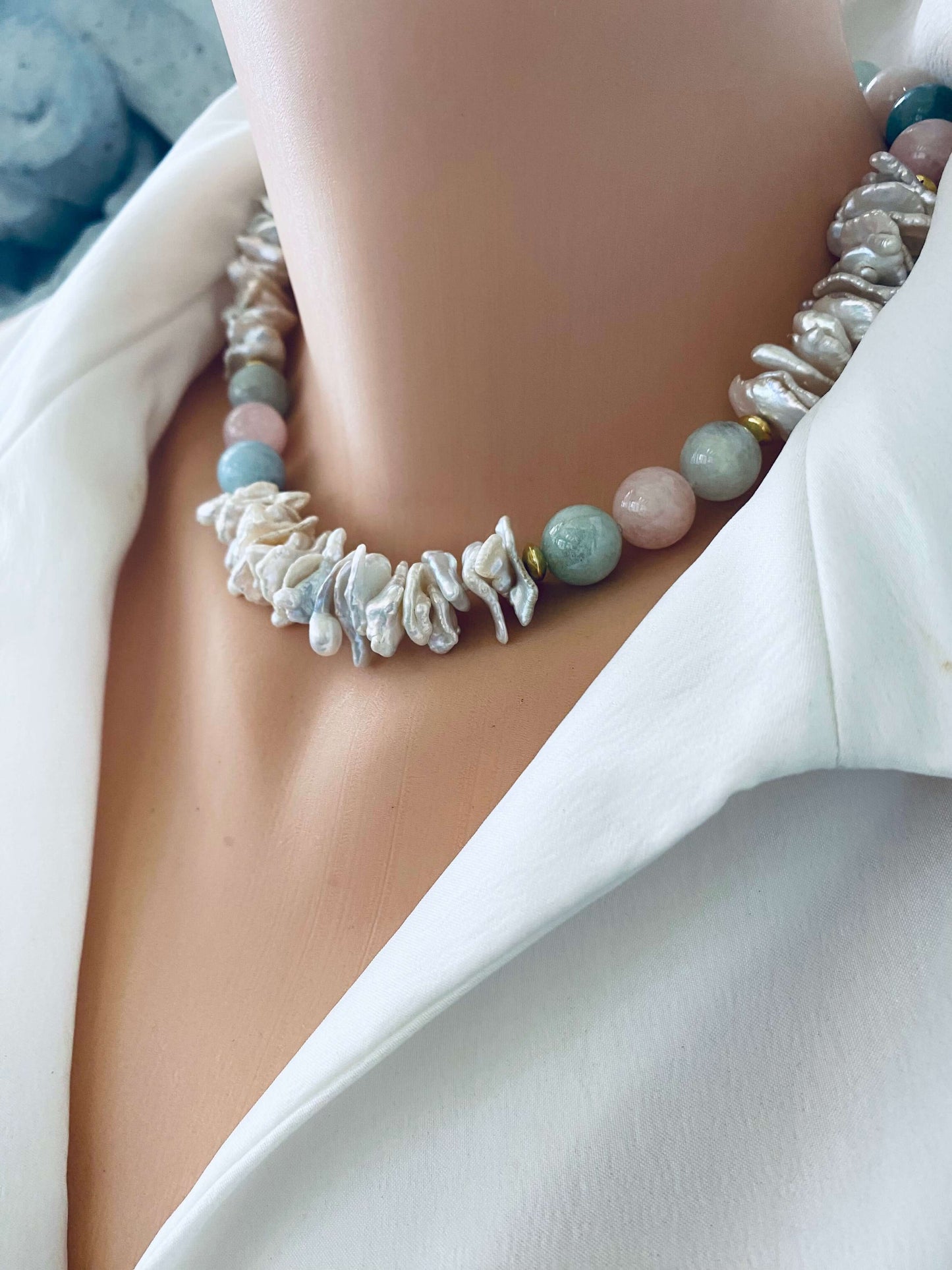 Aquamarine Morganite Necklace – close side view on mannequin