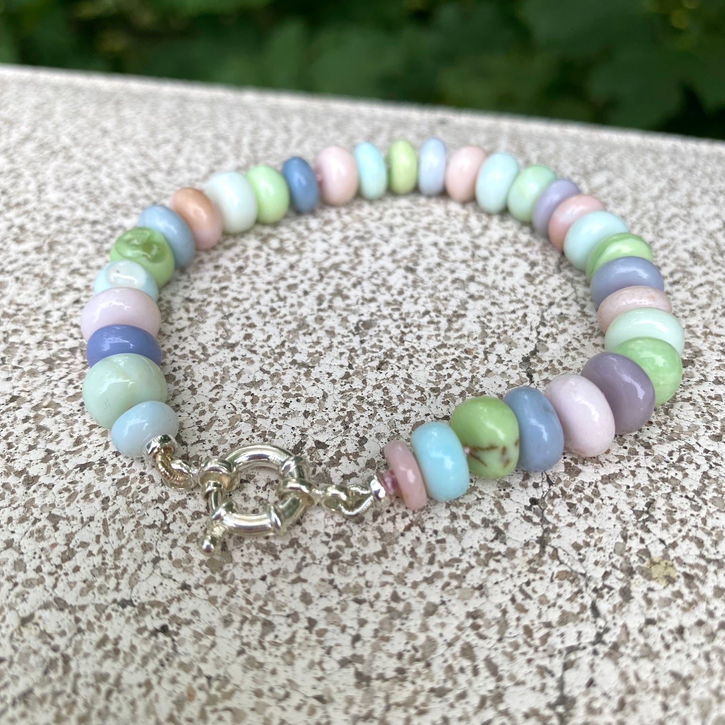 Opal Candy Bracelet featuring multi color pastel Peruvian opal rondelle beads in soft hues of green, pink, blue, and purple.