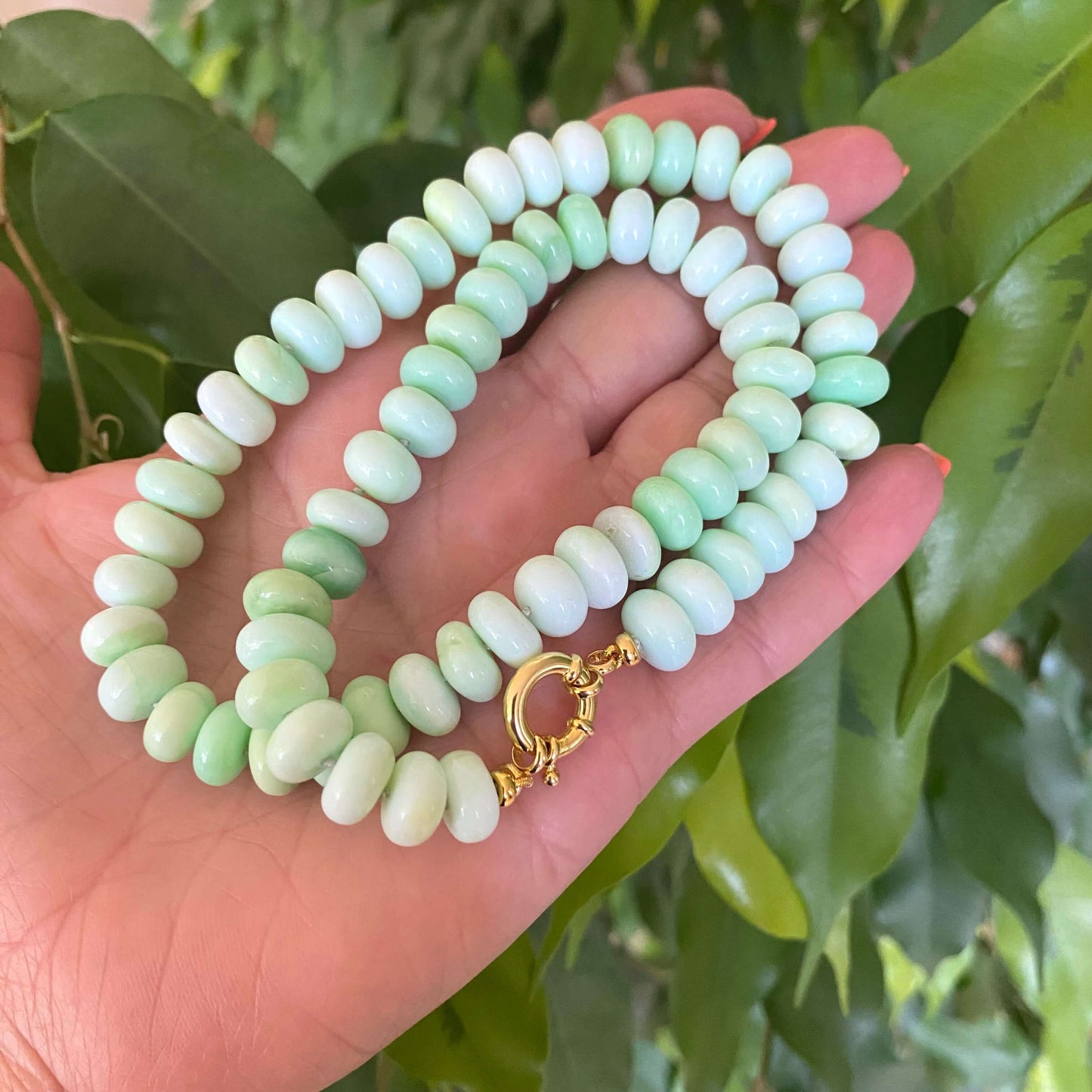 green opal candy necklace featuring natural green opal rondelle beads in soft shaded tones, perfect for spring style.