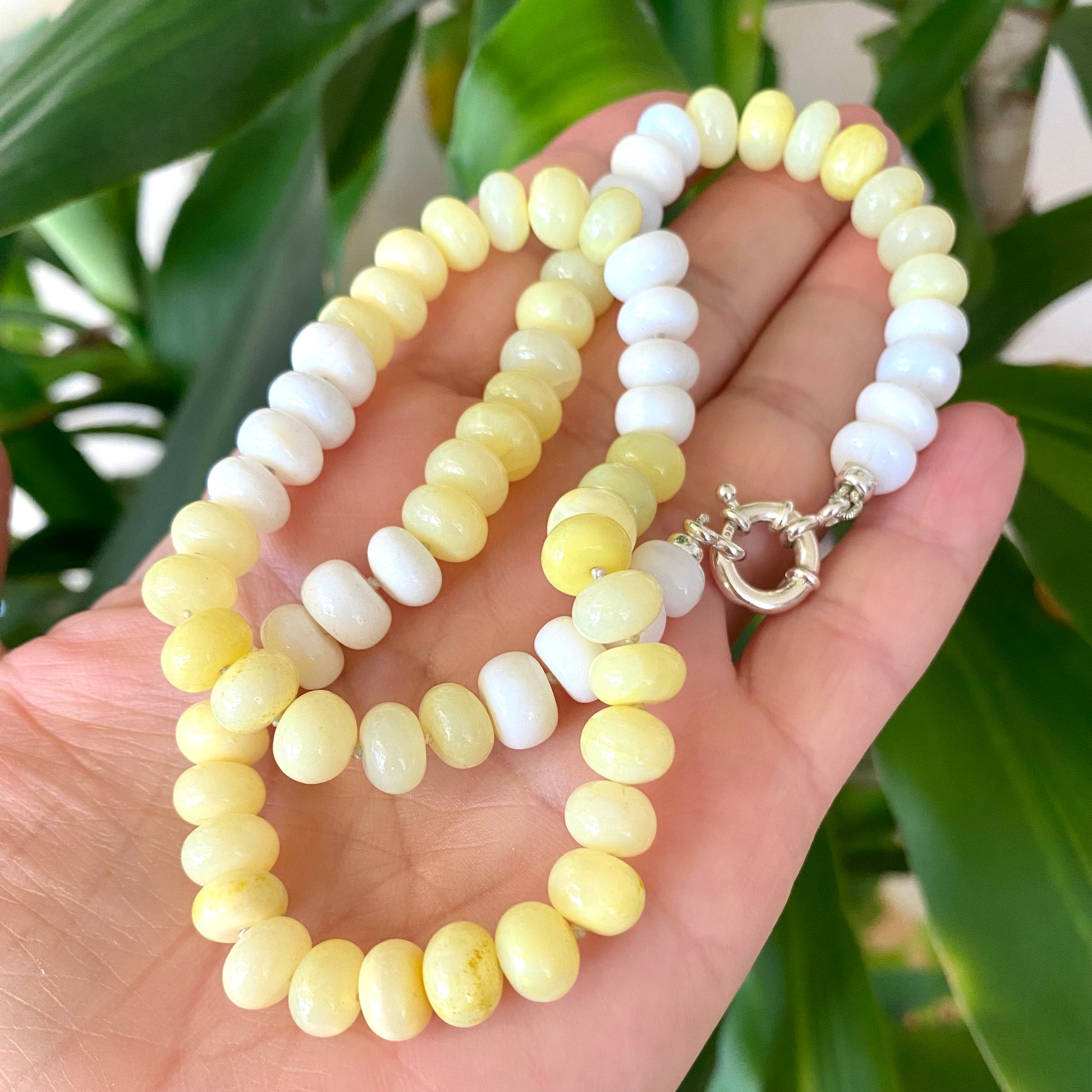 Yellow opal beaded necklace with rondelle beads and sterling silver marine clasp