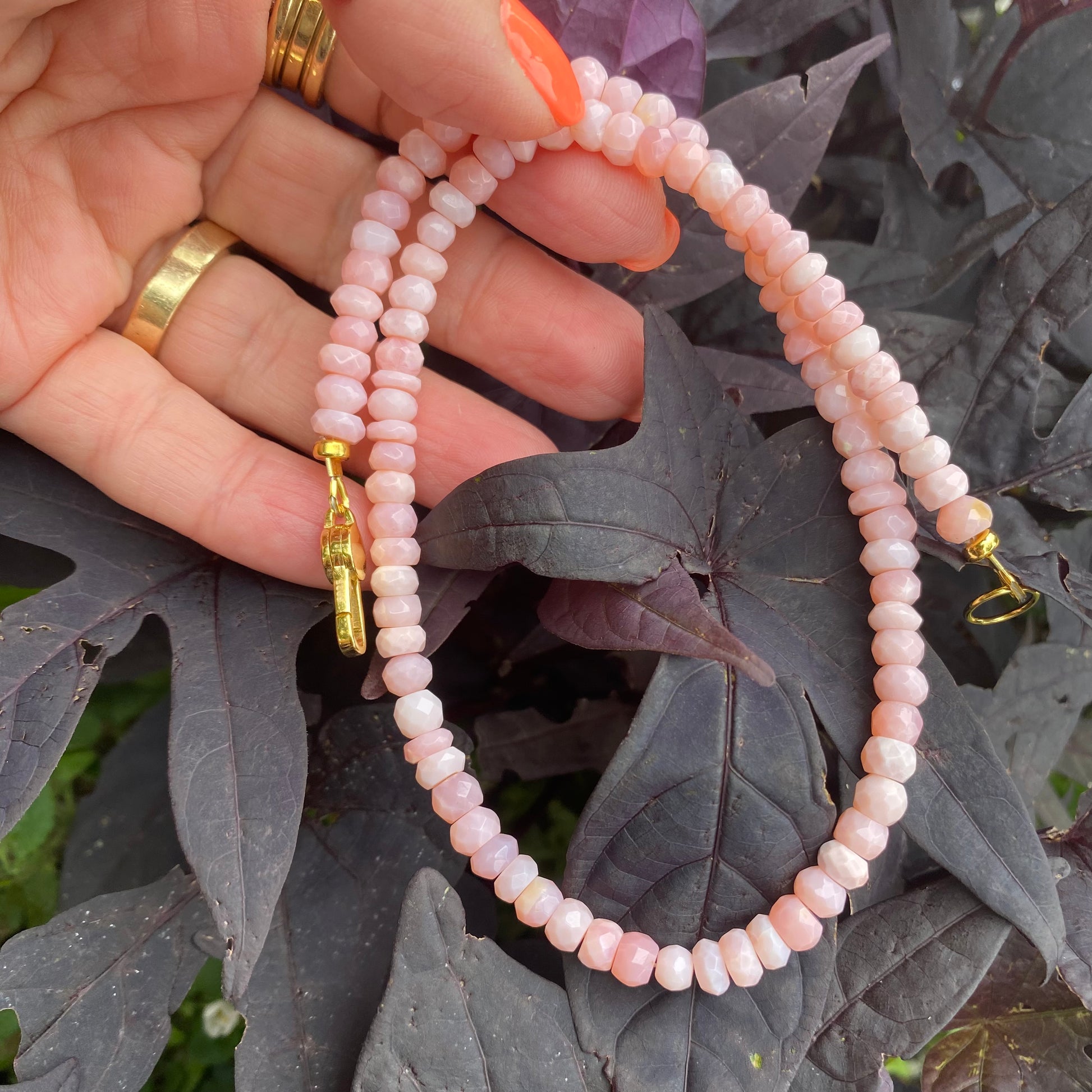 Pink opal short necklace close-up highlighting blush pink opal rondelle beads
