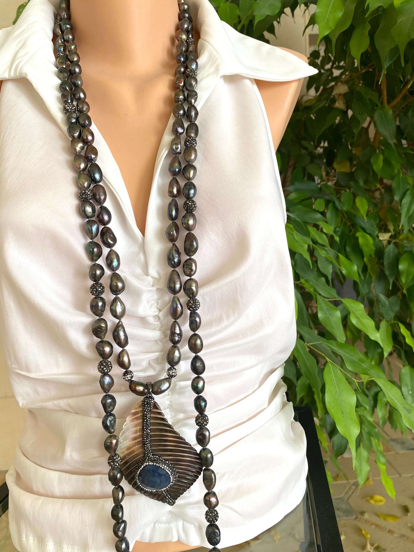 LIVE #40 very long peacock pearl necklace with rhinestone spacer beads showcasing iridescent tones.