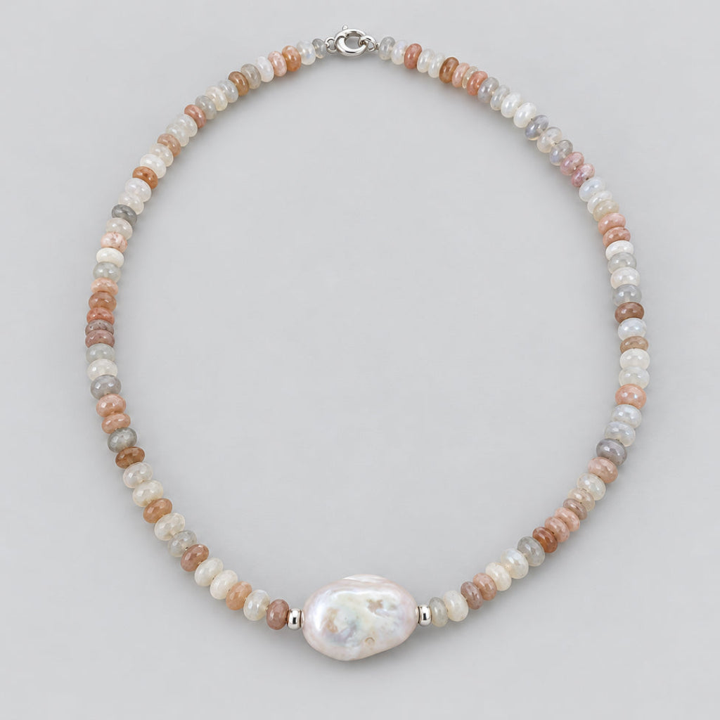 Moonstone and Baroque Pearl Necklace featuring mixed moonstone rondelles and a stunning baroque pearl centerpiece.
