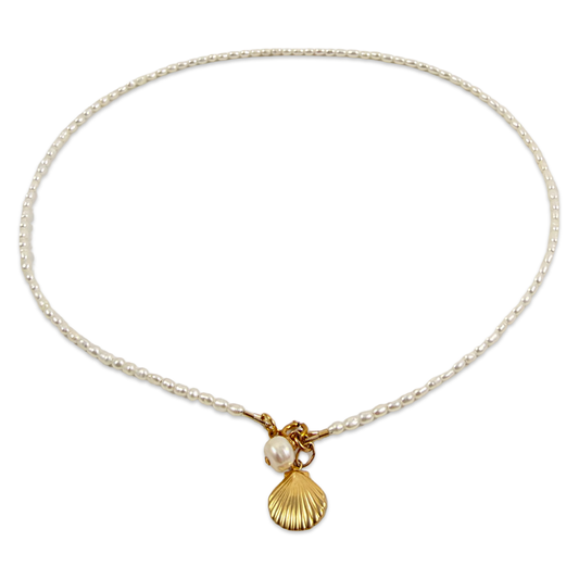 Pearl Necklace with Sea Shell Charm — 14K Gold Filled, Canada Made
16inch
