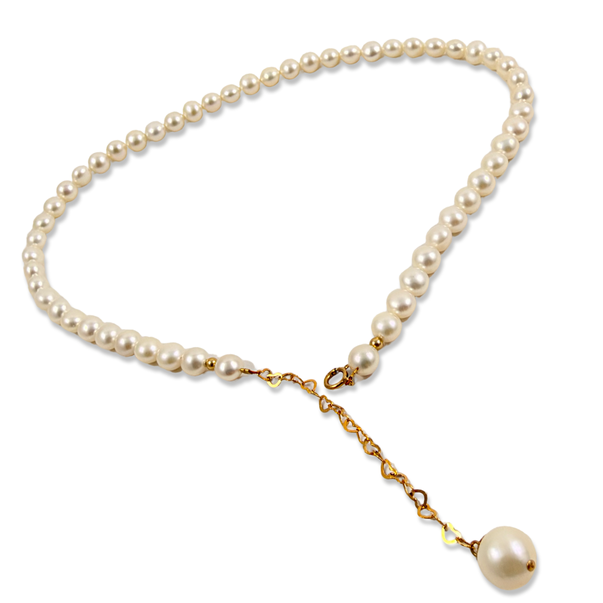 Pearl necklace with gold filled heart chain