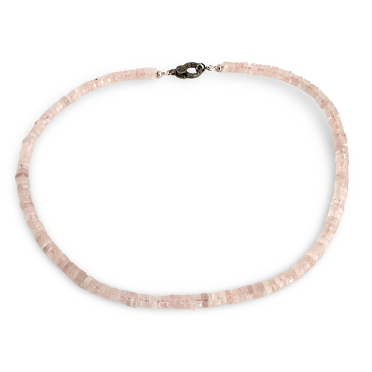 indian cut faceted Rose Quartz Beaded Necklace with Oxidized Silver Pavé Diamond Clasp