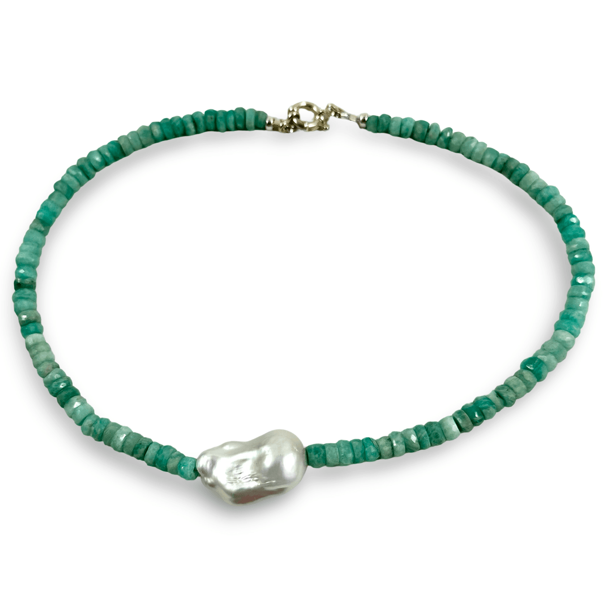 beaded amazonite and white baroque pearl necklace in the centre 16.5"inches