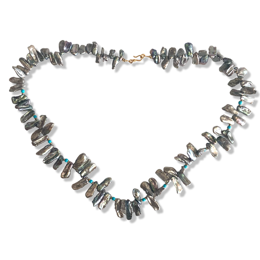 biwa stick pearls in dark grey with Turquoise and gold vermeil beads and details Necklace – 