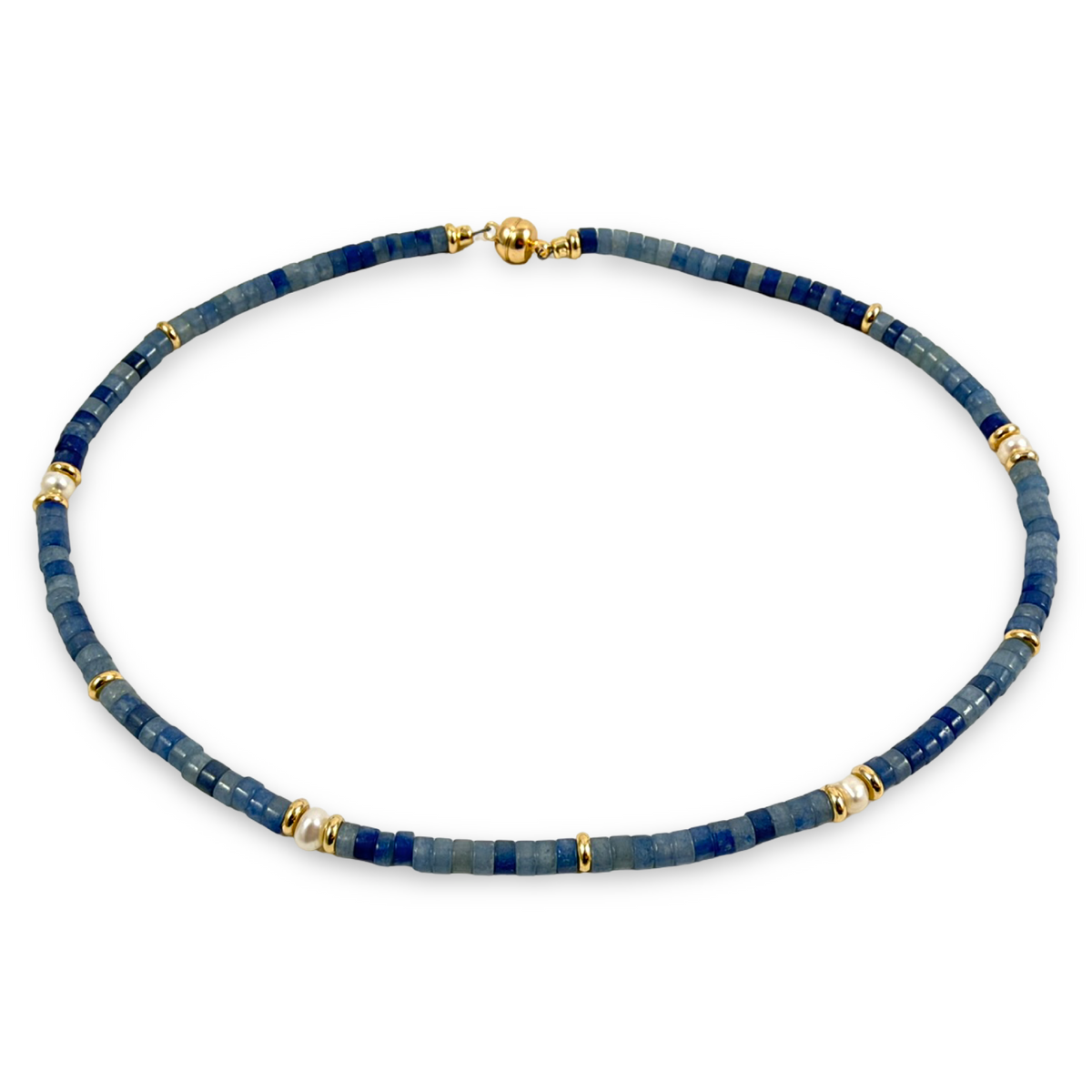 A beaded necklace featuring dark blue lapis lazuli stones separated by small gold spacer beads, with a gold clasp, shown on a plain white background.
