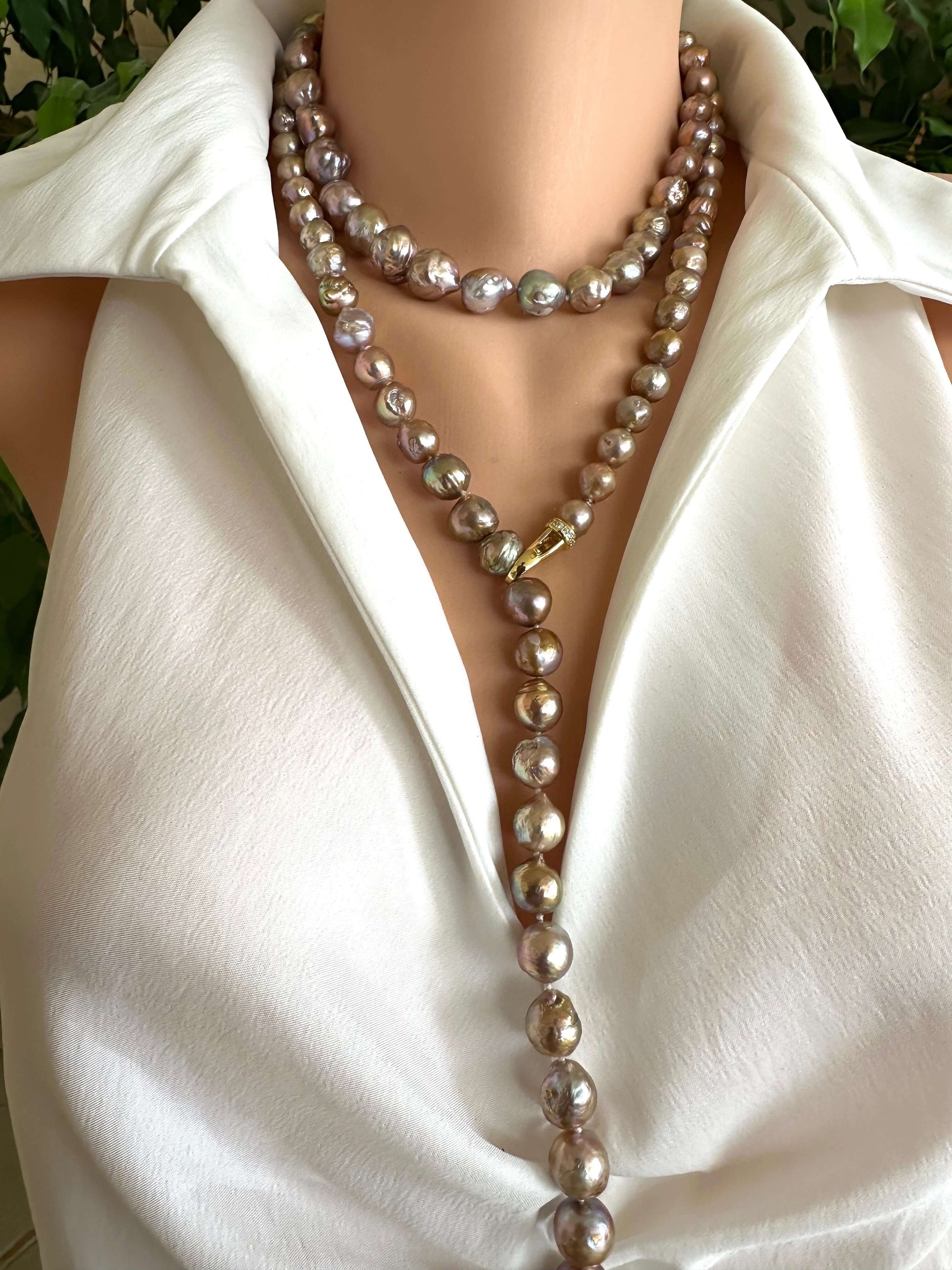 Edison pearl necklace with magnetic clasp styled layered with long pearl necklace