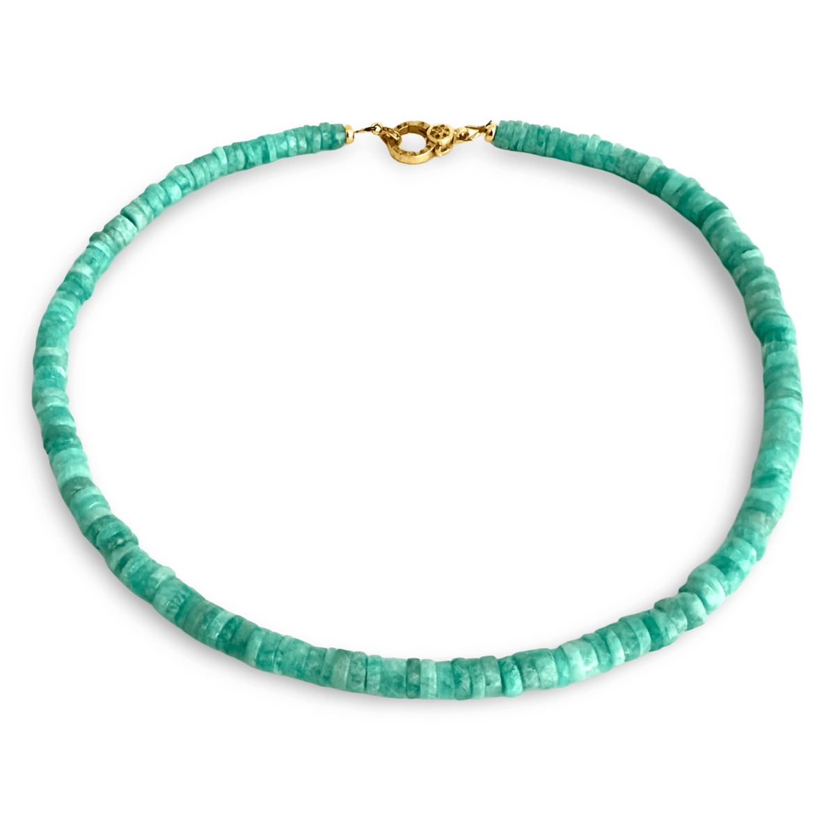 A beaded necklace made of small, chunky turquoise-green beads with a gold clasp, displayed on a clean white background.