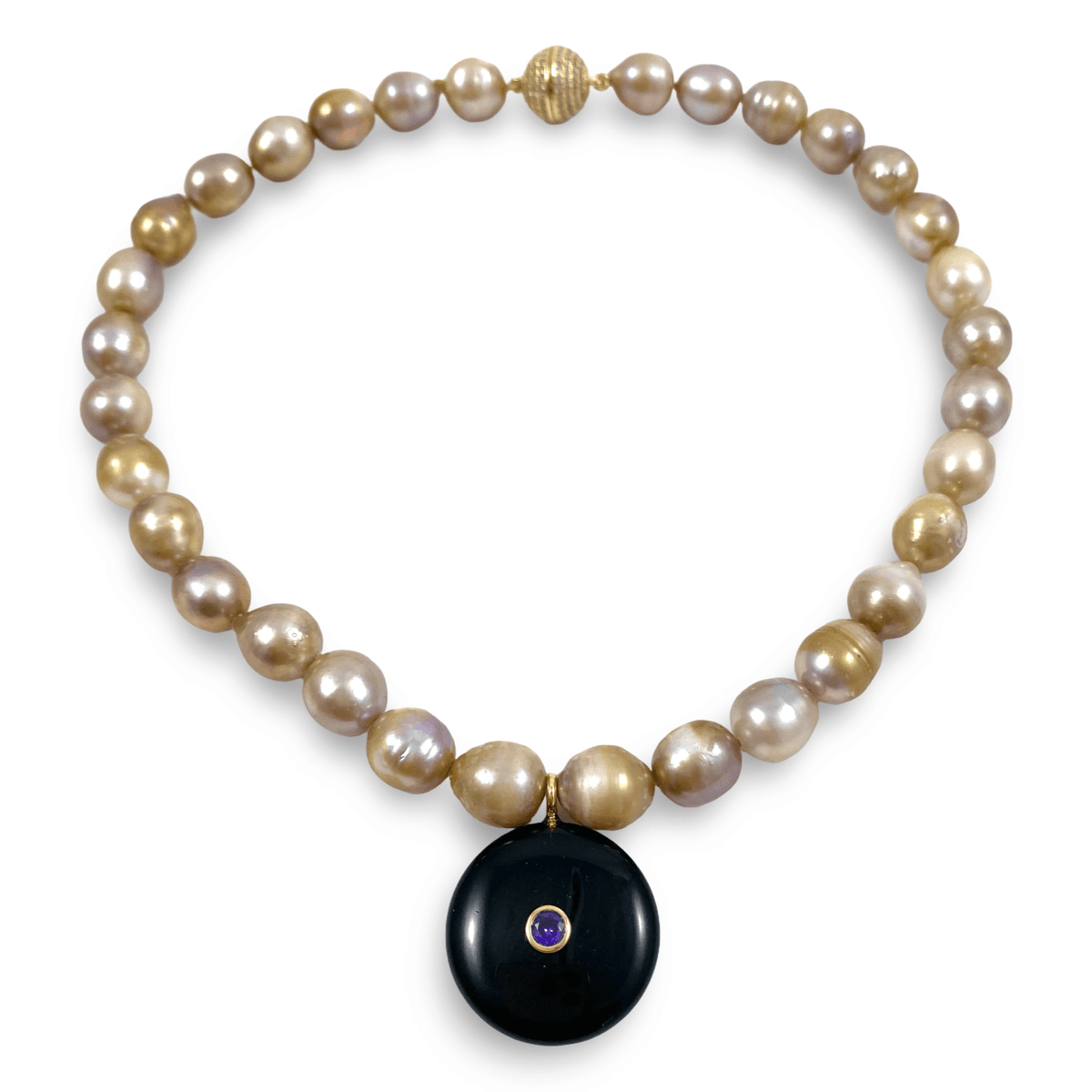 hand knotted freshwater_gold_pearls_with_black_obsidian_pendant