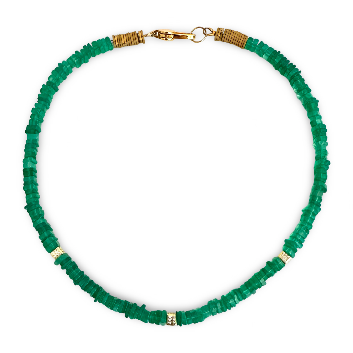 A beaded necklace made of small, faceted green gemstone chips, accented with gold-toned spacers and a gold clasp, shown on a plain white background.