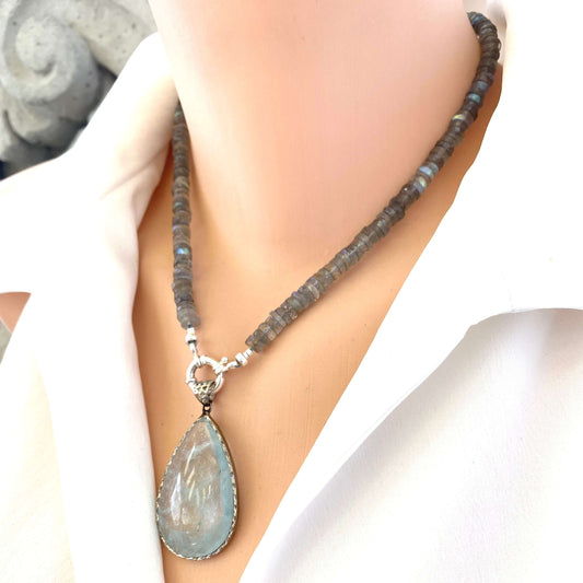 Side view of mannequin wearing labradorite aquamarine pendant necklace with aquamarine gemstone pendant — refined handcrafted jewelry by Loulia Pearl Jewelry