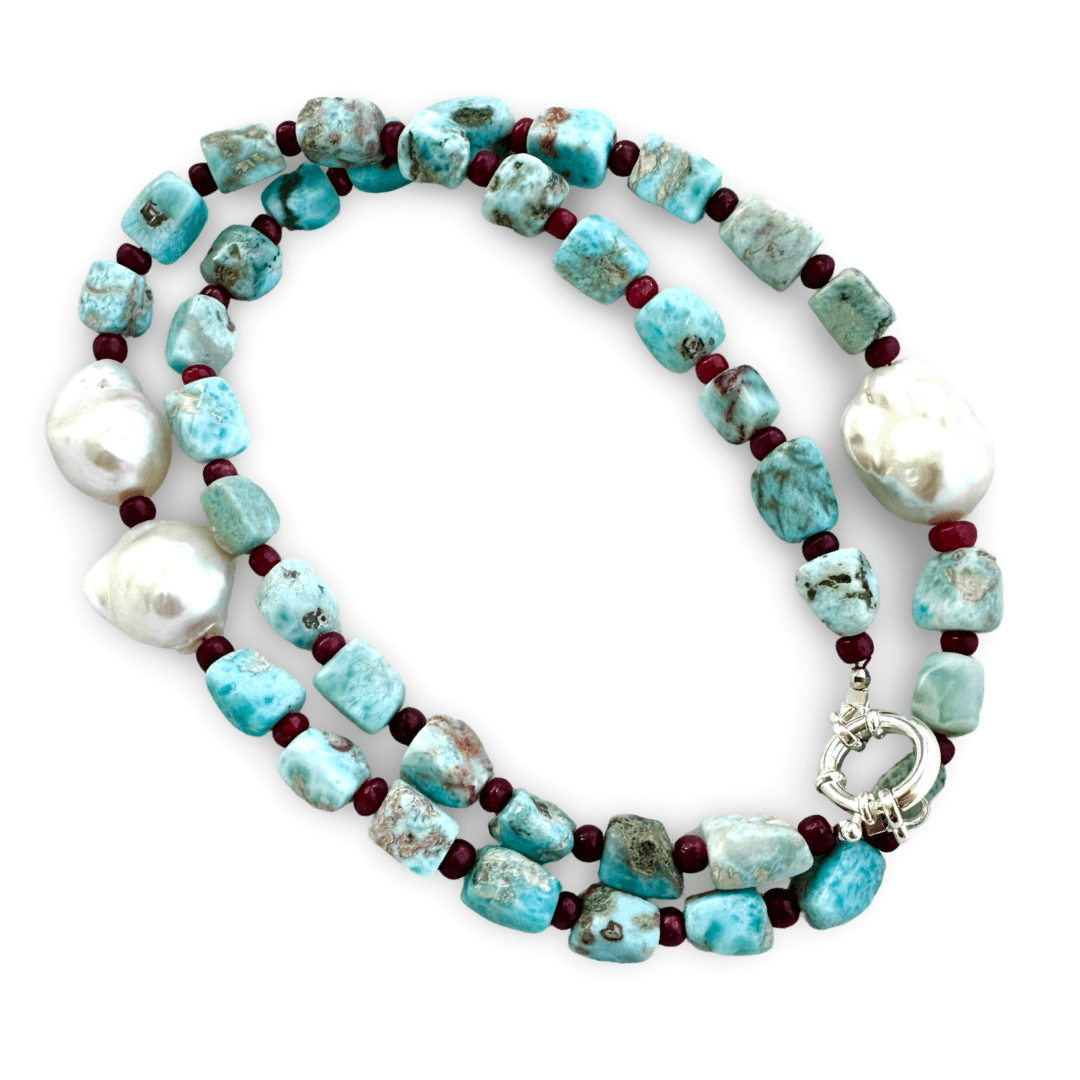 larimar, rubies and luminous baroque pearl summer necklace