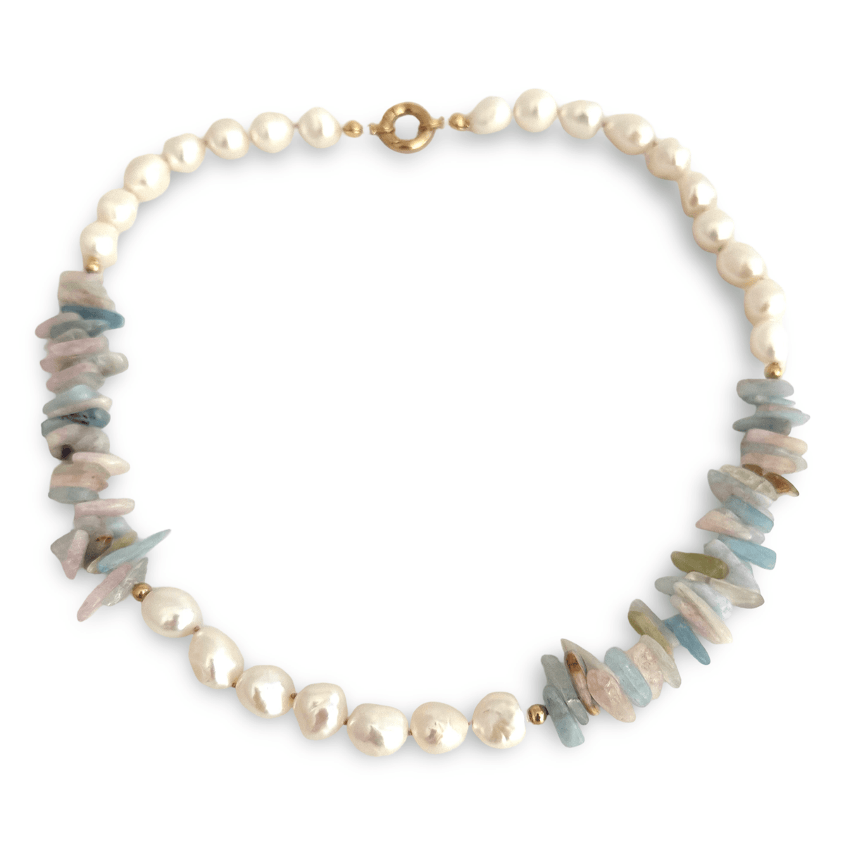 hand knotted morganite nuggets and white freshwater pearl necklace