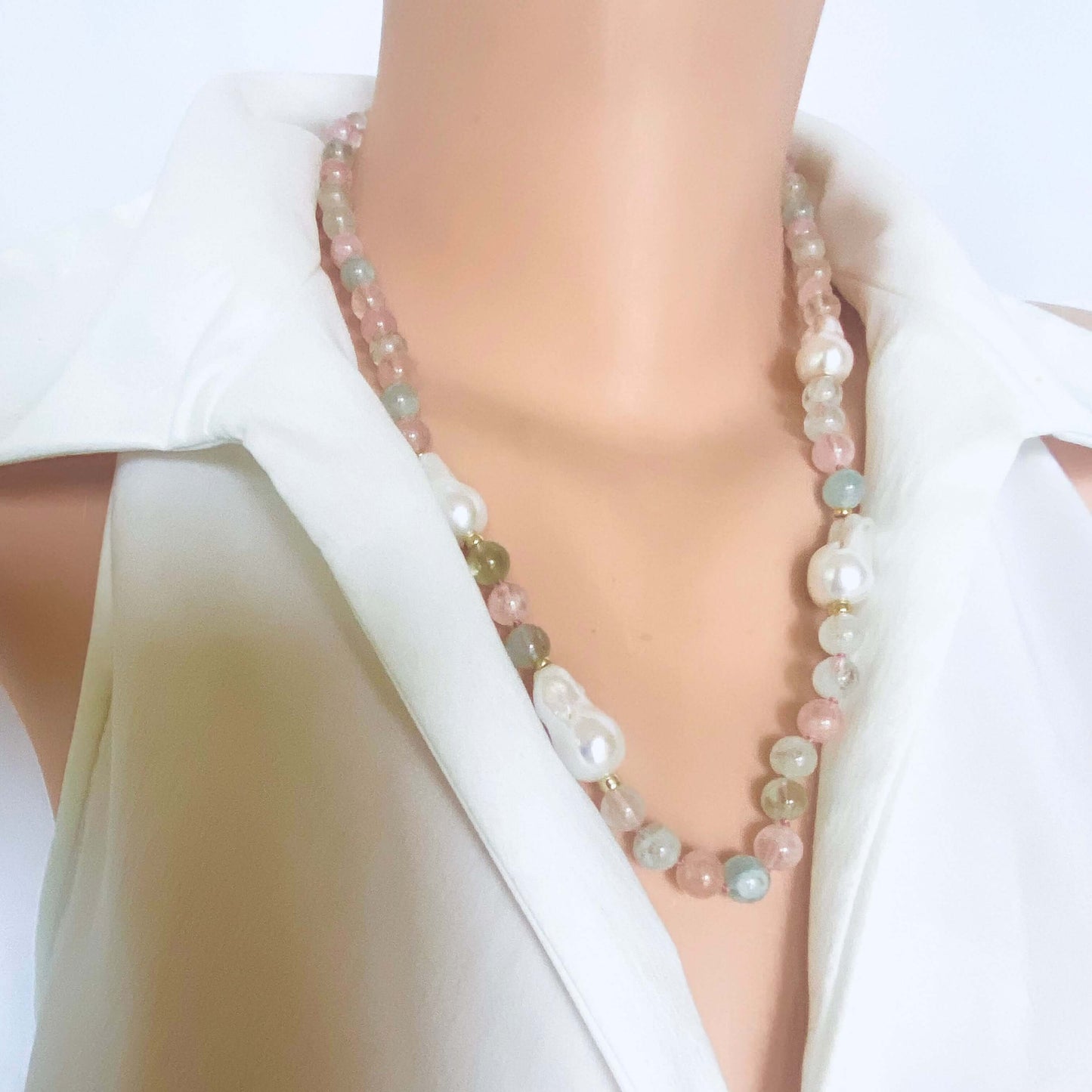 Morganite aquamarine pearl necklace showcasing pastel gemstone Necklace and pearls, elegantly handcrafted design.