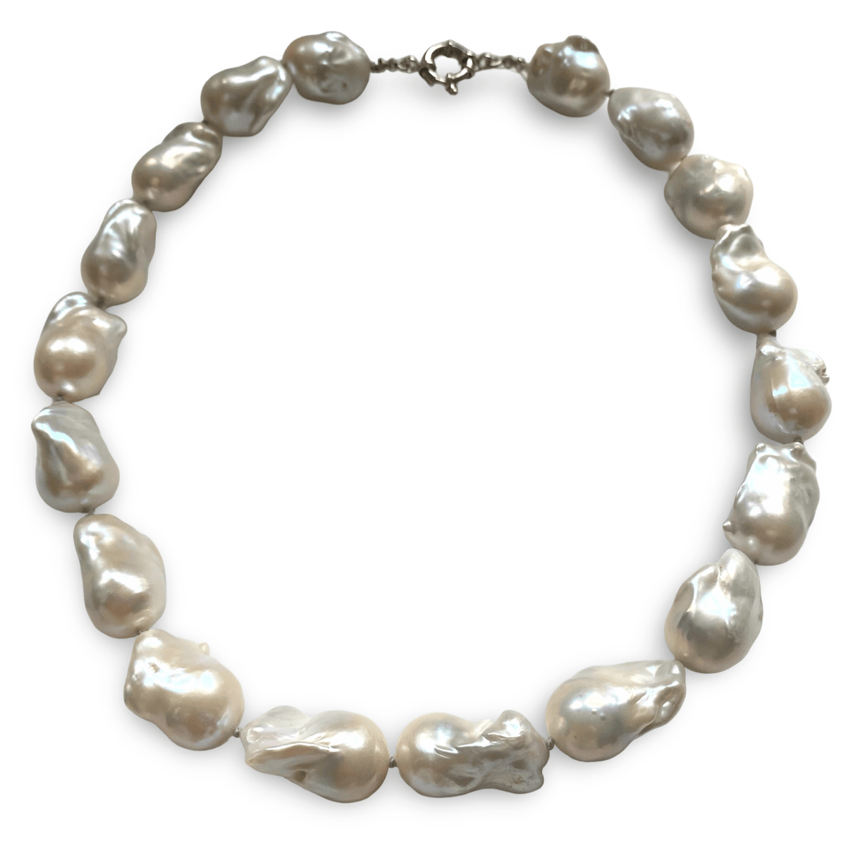Baroque Pearl Chunky Necklace showcasing unique white freshwater pearls handcrafted on grey silk.