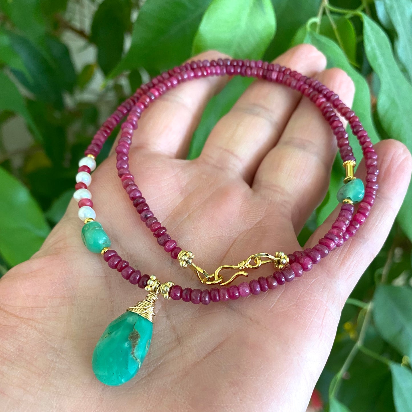 Chrysoprase ruby pearl necklace with red ruby beads chrysoprase pendant and freshwater pearls handmade in Canada