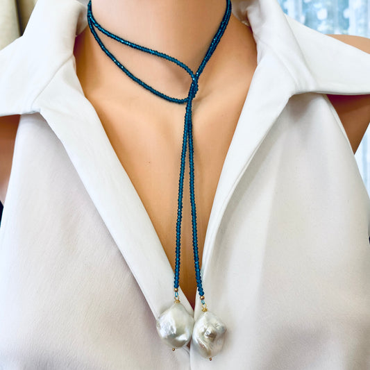 London Blue Quartz Lariat Necklace on model with long Y-drop and large baroque pearl ends