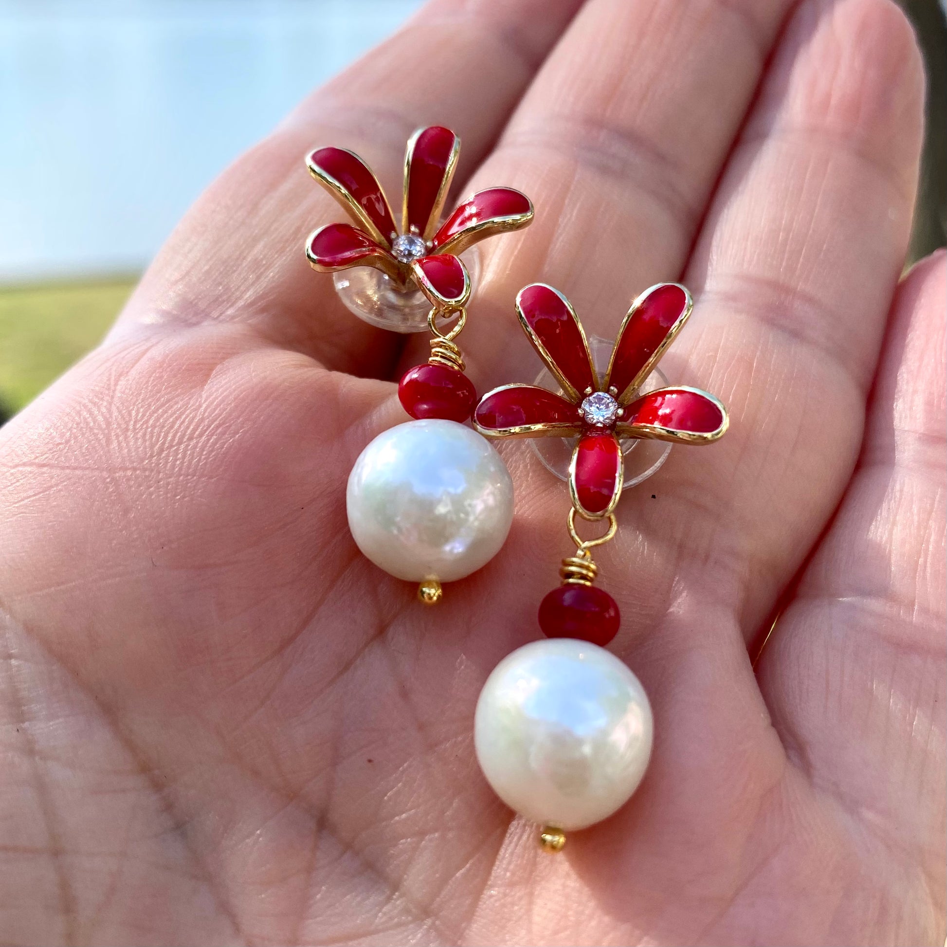 Edison pearl coral earrings highlighting AAA Edison pearls and coral rondelle accents
