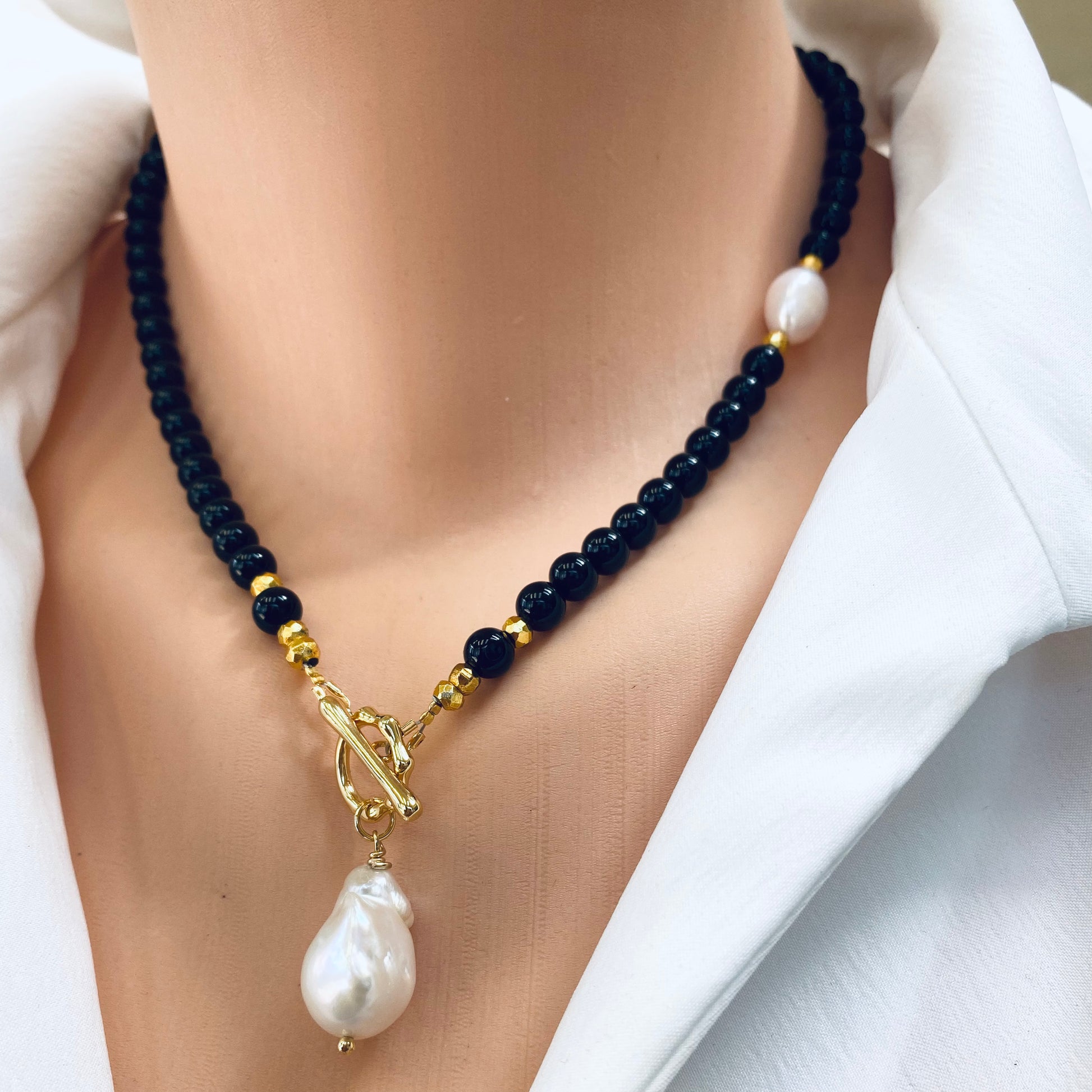 Black Onyx Toggle Necklace with White Baroque Pearl Pendant, Gold Plated