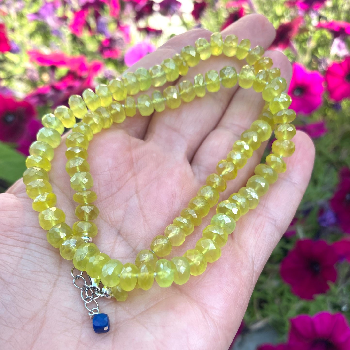 Yellow Green Chalcedony Necklace — Handmade in Canada with faceted gemstones and a silver clasp.