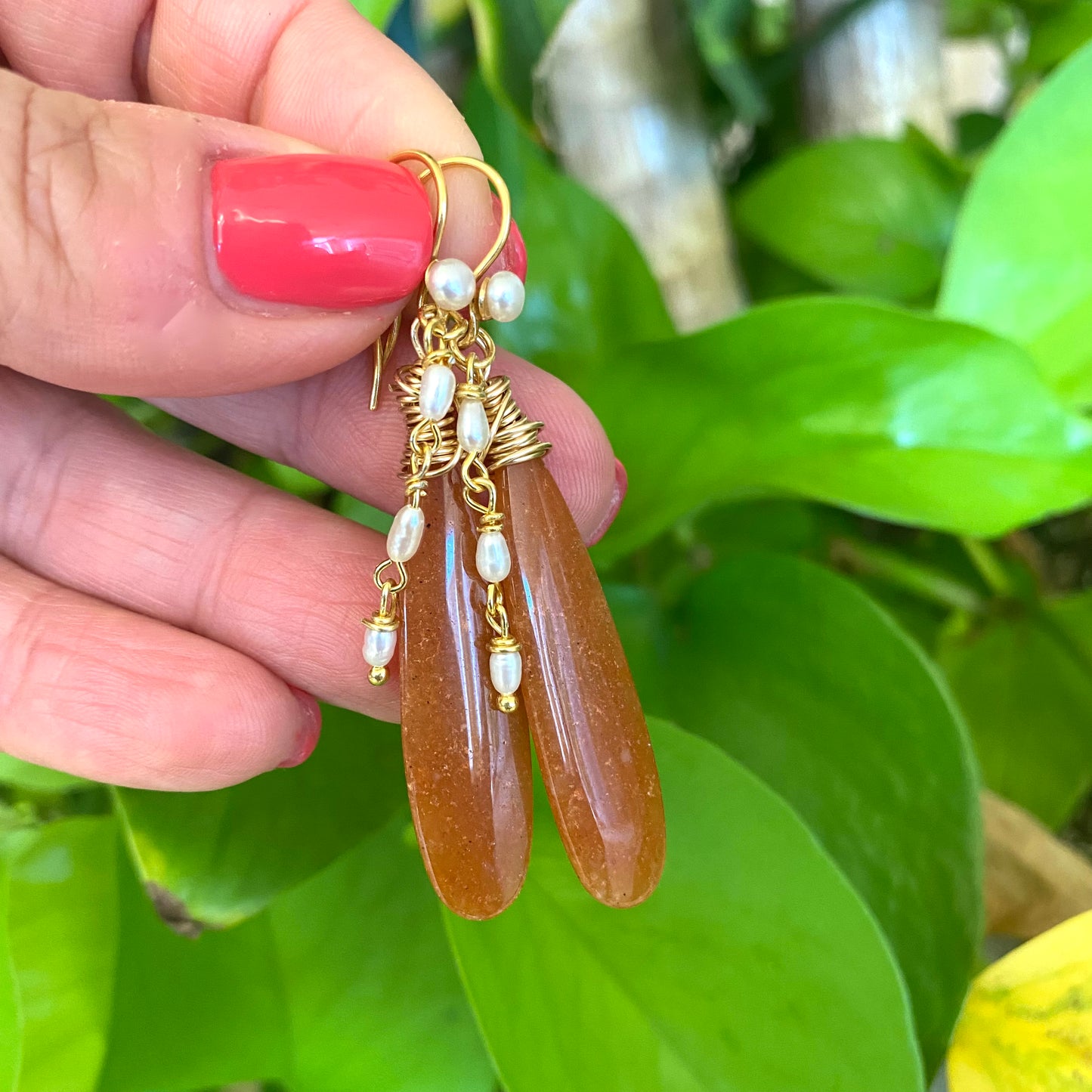 Red Aventurine Pearl Earrings showcasing natural gemstone dangles with gold accents and pearl details, handmade in Canada.