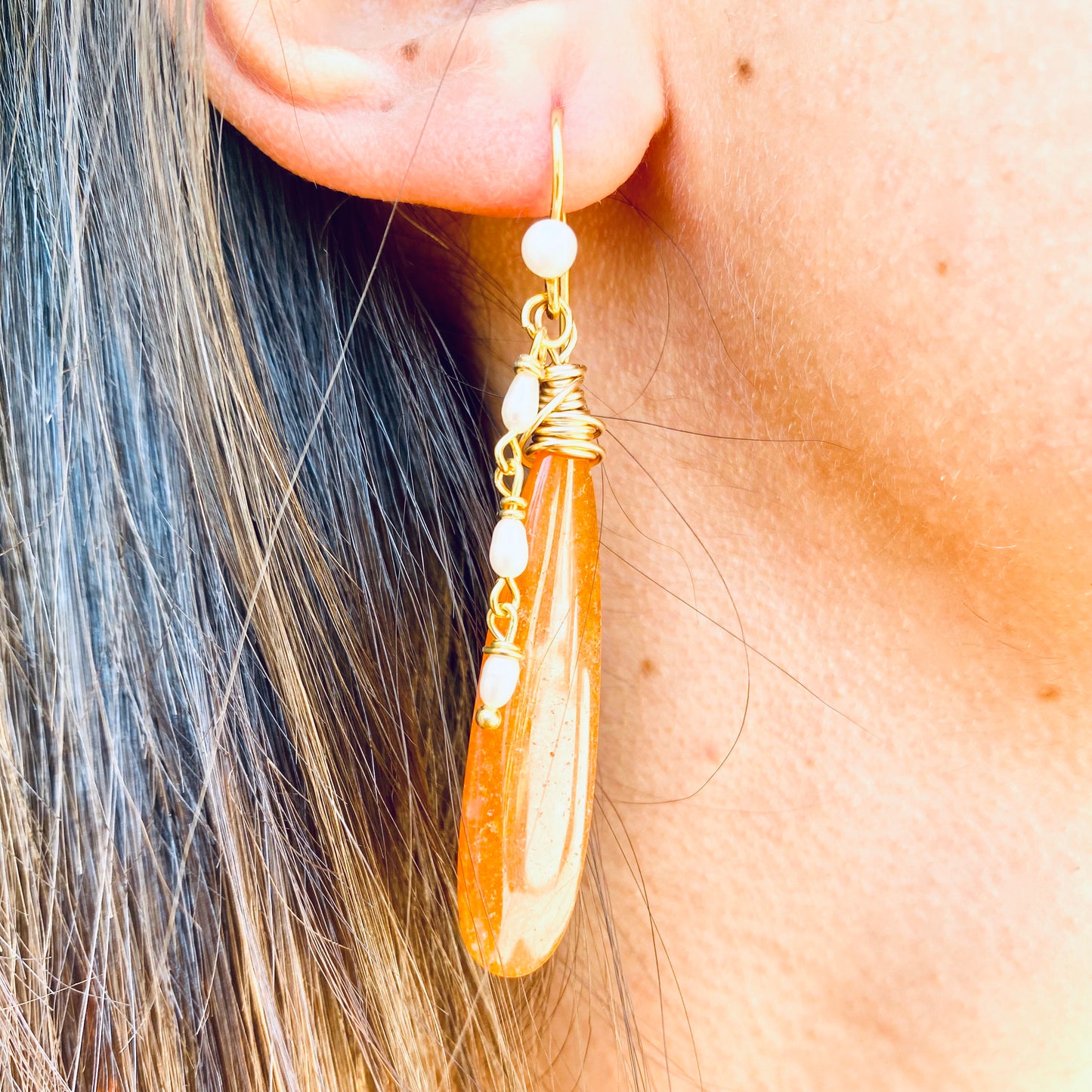 Red Aventurine Pearl Earrings showcasing warm orange-red tones with delicate pearl accents, handmade in Canada.