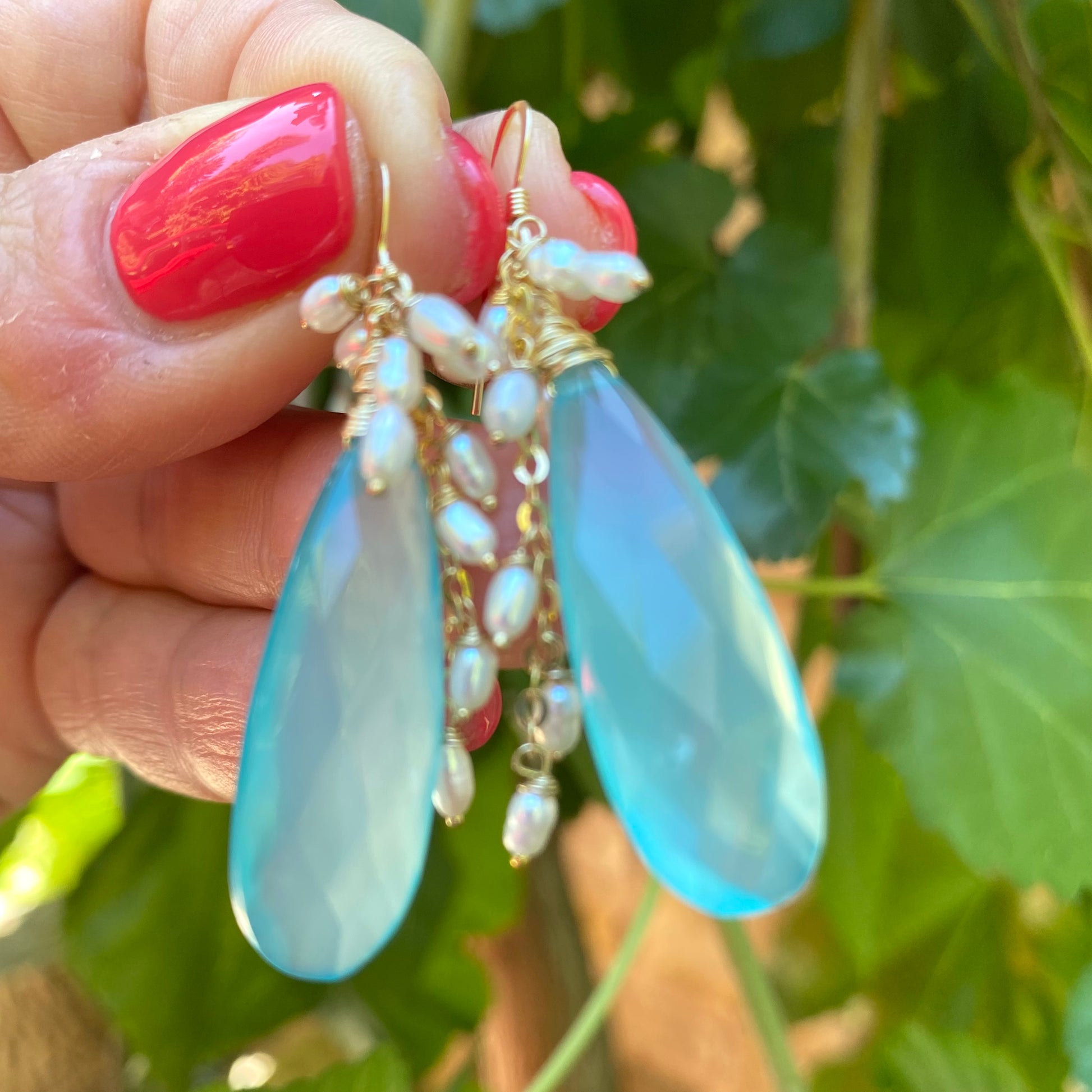 Close-up of Blue Chalcedony Pearl Earrings in teardrop cluster design, featuring sky blue chalcedony and freshwater pearls.