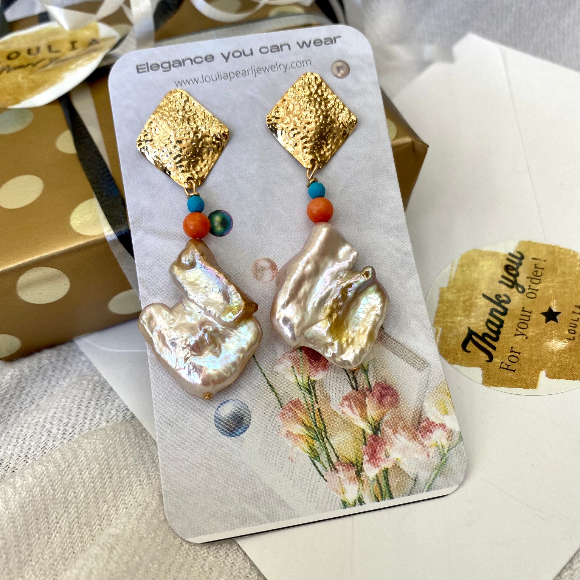 Baroque Pearl Turquoise Coral Earrings displayed on a floral card with gold accents.