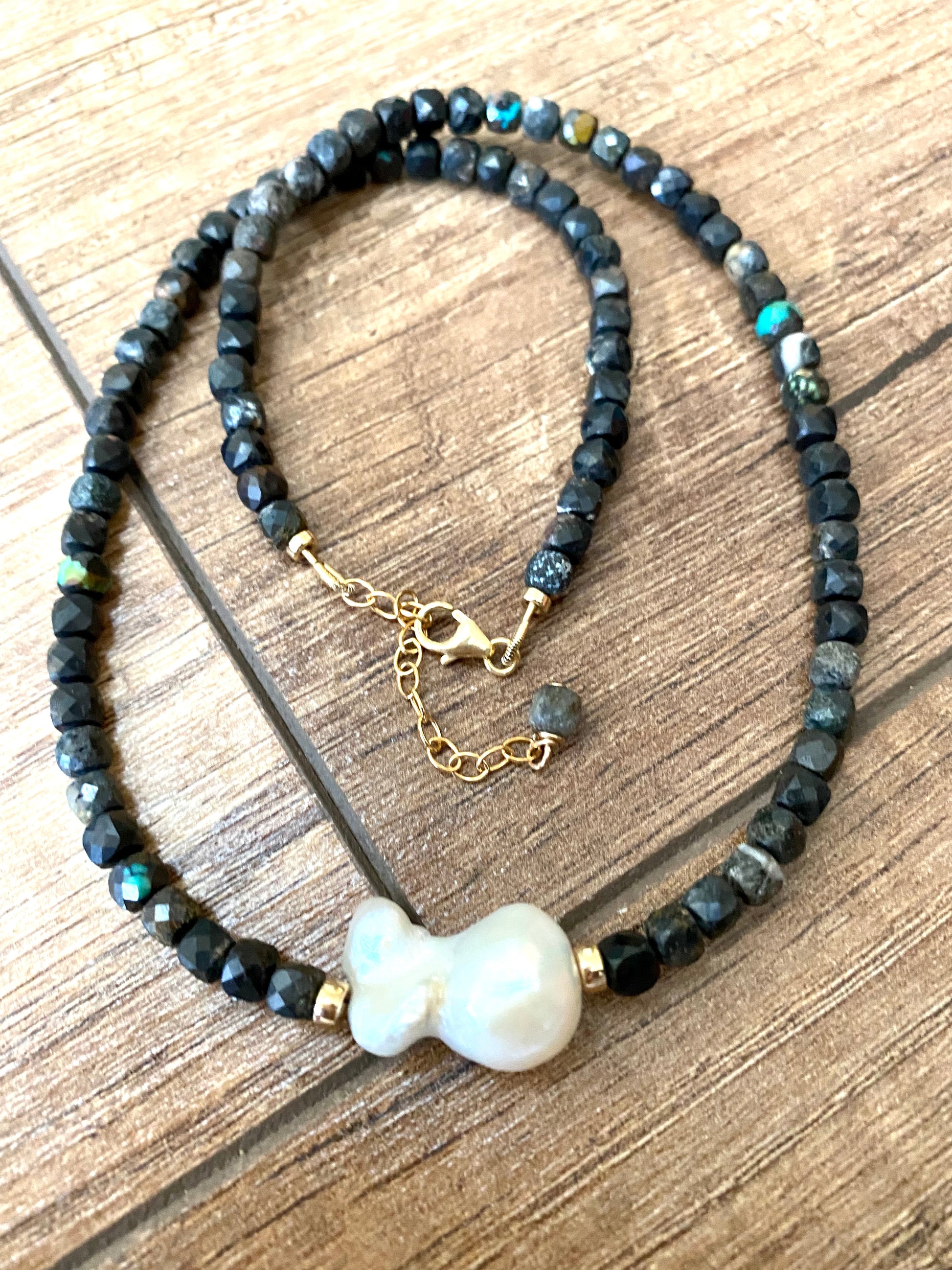 Handcrafted black turquoise baroque pearl necklace with gold filled clasp and extender chain