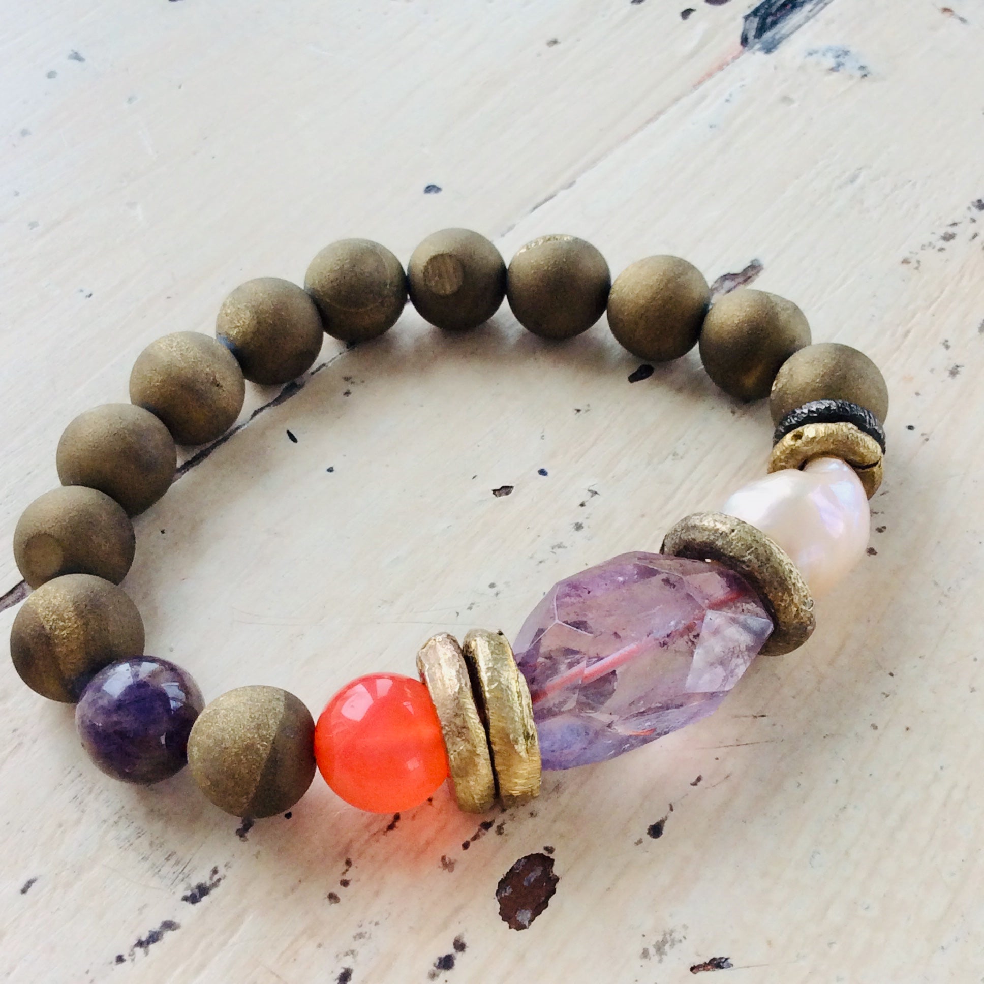 Amethyst baroque pearl bracelet with mixed quartz beads, druzy geode, and bohemian design