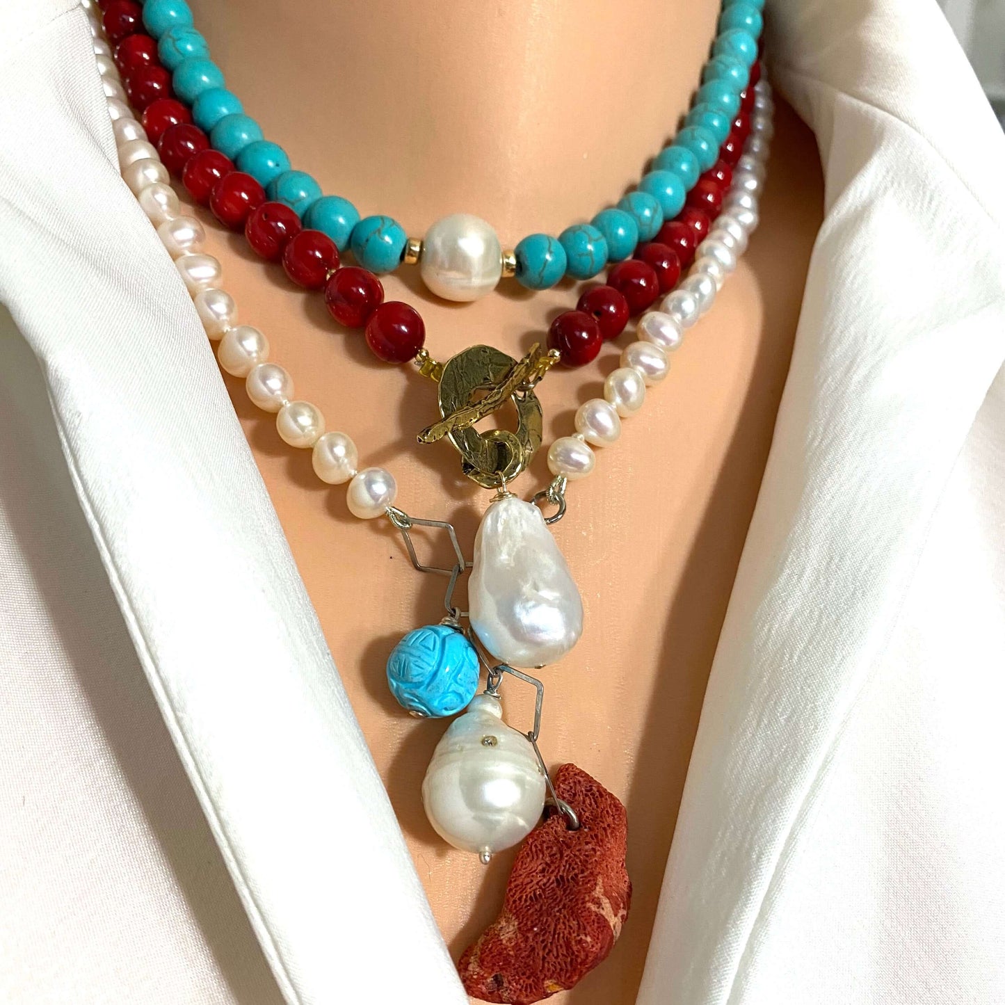 Pearl Necklace with Red Coral Pendant & Turquoise Charm