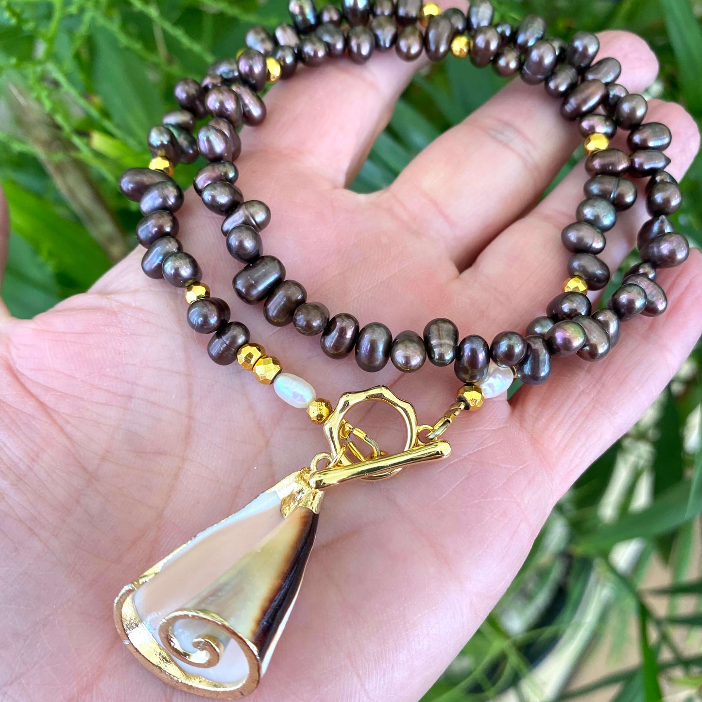 Brown pearl seashell necklace handmade in Canada with freshwater pearls and real seashell charm