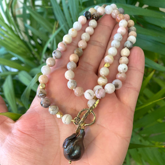 Pink opal baroque pearl necklace with natural pink opal beads and artisan toggle clasp handmade in Canada
