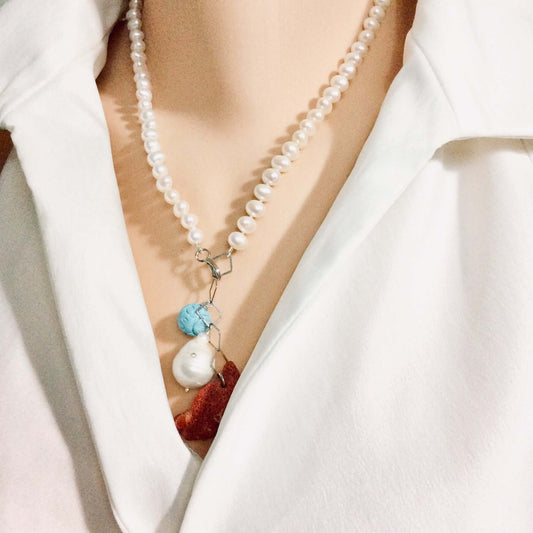 Pearl Necklace with Red Coral Pendant & Turquoise Charm