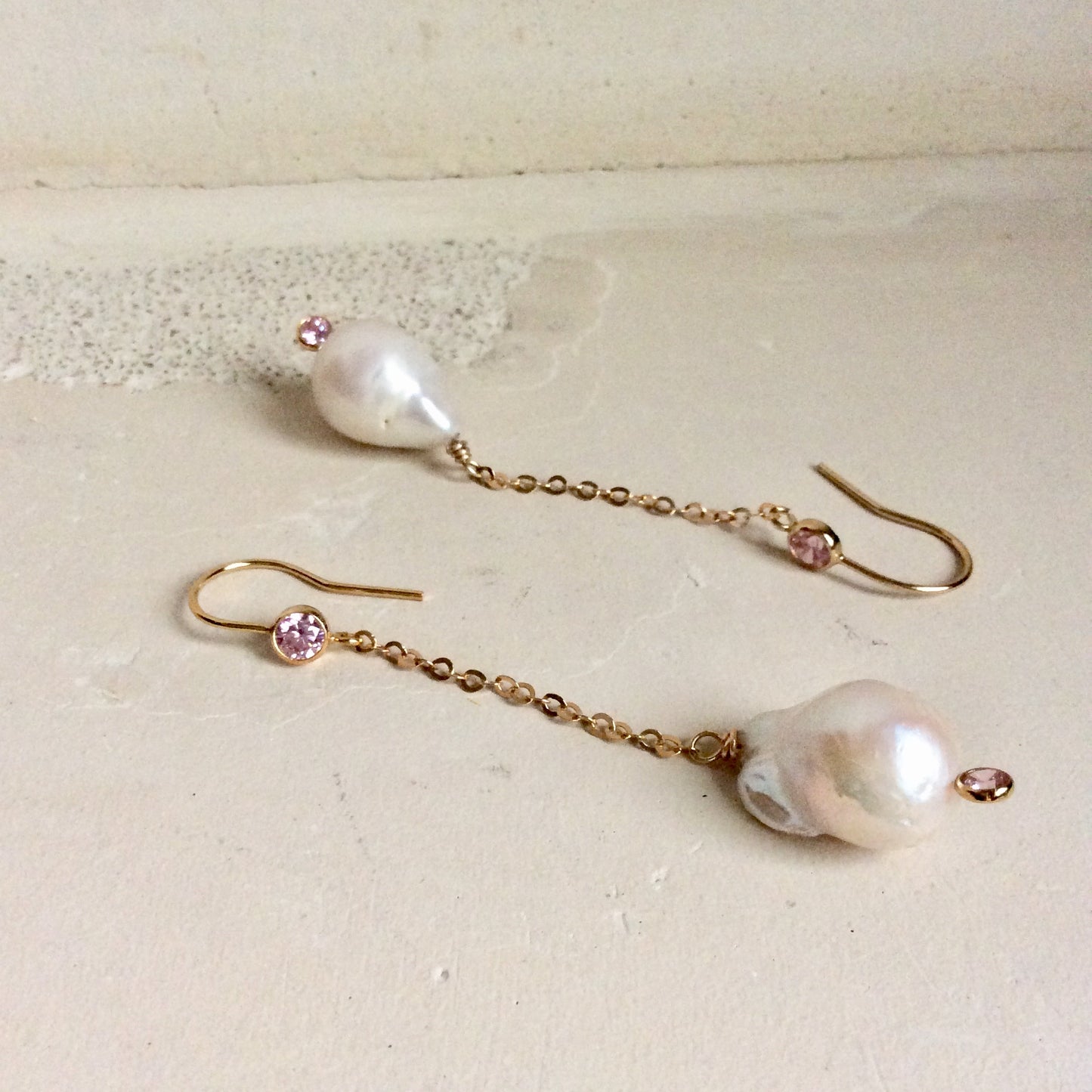 Baroque Pearl Long Earrings & Pink Cz