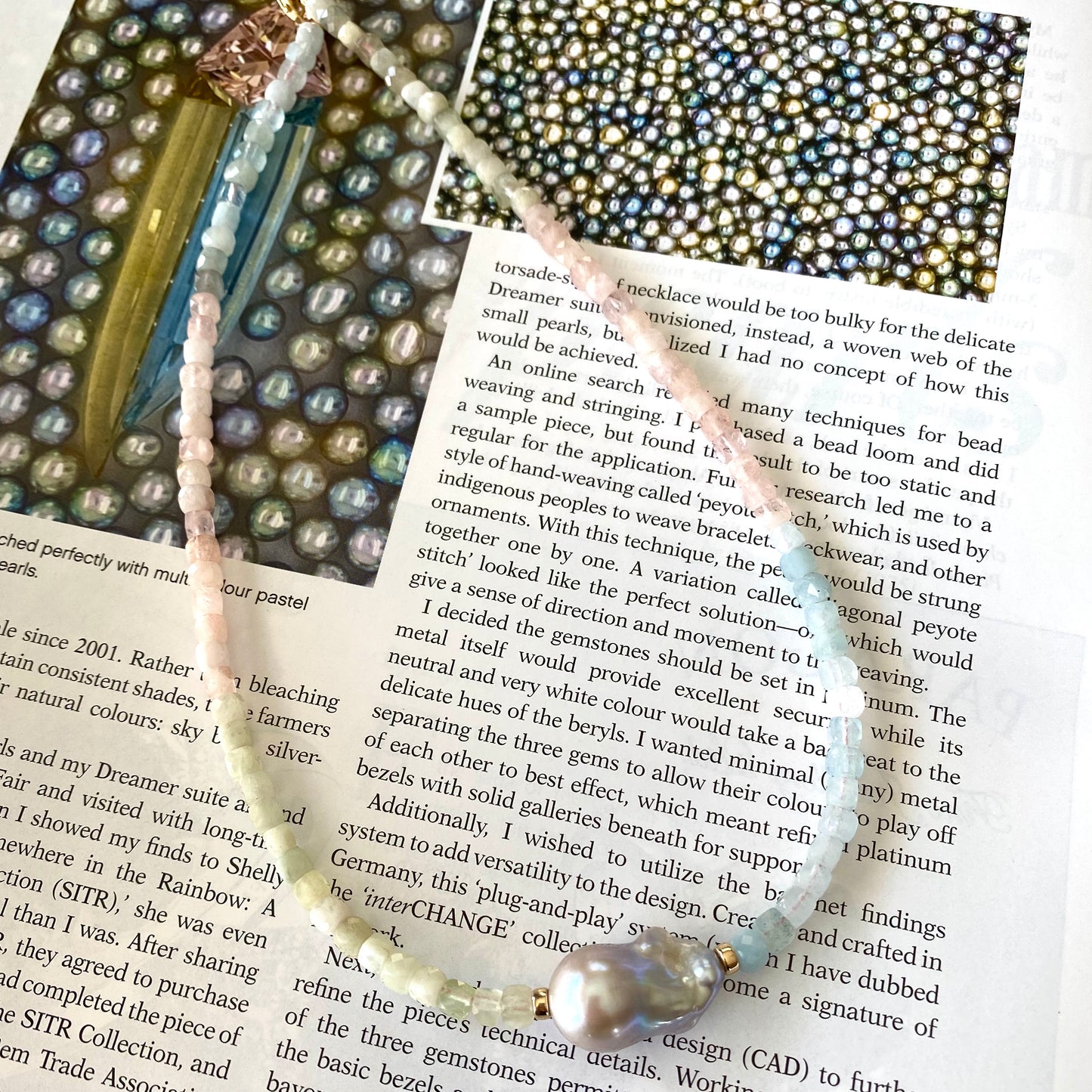 Aquamarine morganite pearl necklace with pastel gemstones and grey baroque pearl pendant